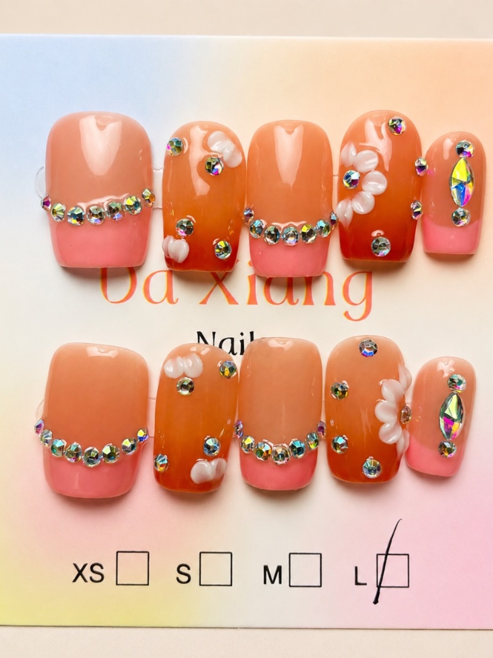 NEW Peach Sorbet Pink French Tip Press On Nails| Bling | Short Square | Large